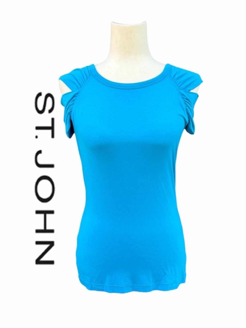 St. John Cerulean Bright Blue Sleeveless Knit Tank with Gathered Shoulder P XS